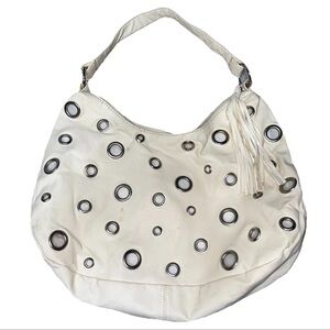 Chateau Y2K Vintage White Studded Boho Shoulder Bag Silver Tassled Retro Hobo